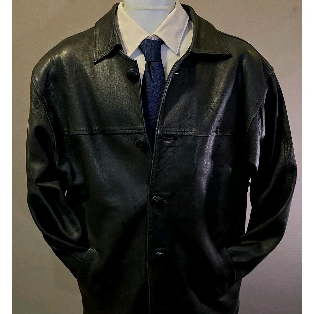 Mens Black Genuine Leather Jacket L Buttery Soft Car Coat 90s Y2K Vintage Style